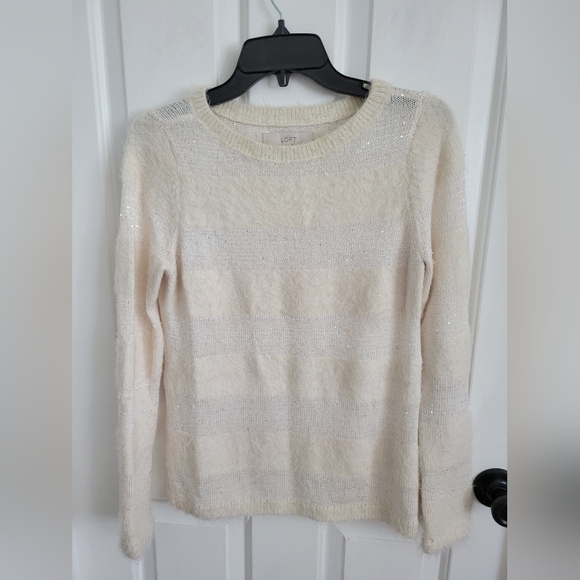 Loft Women's Sweater Off White Sequin Furry Stripe Sweater Blouse Size Small - Picture 1 of 5